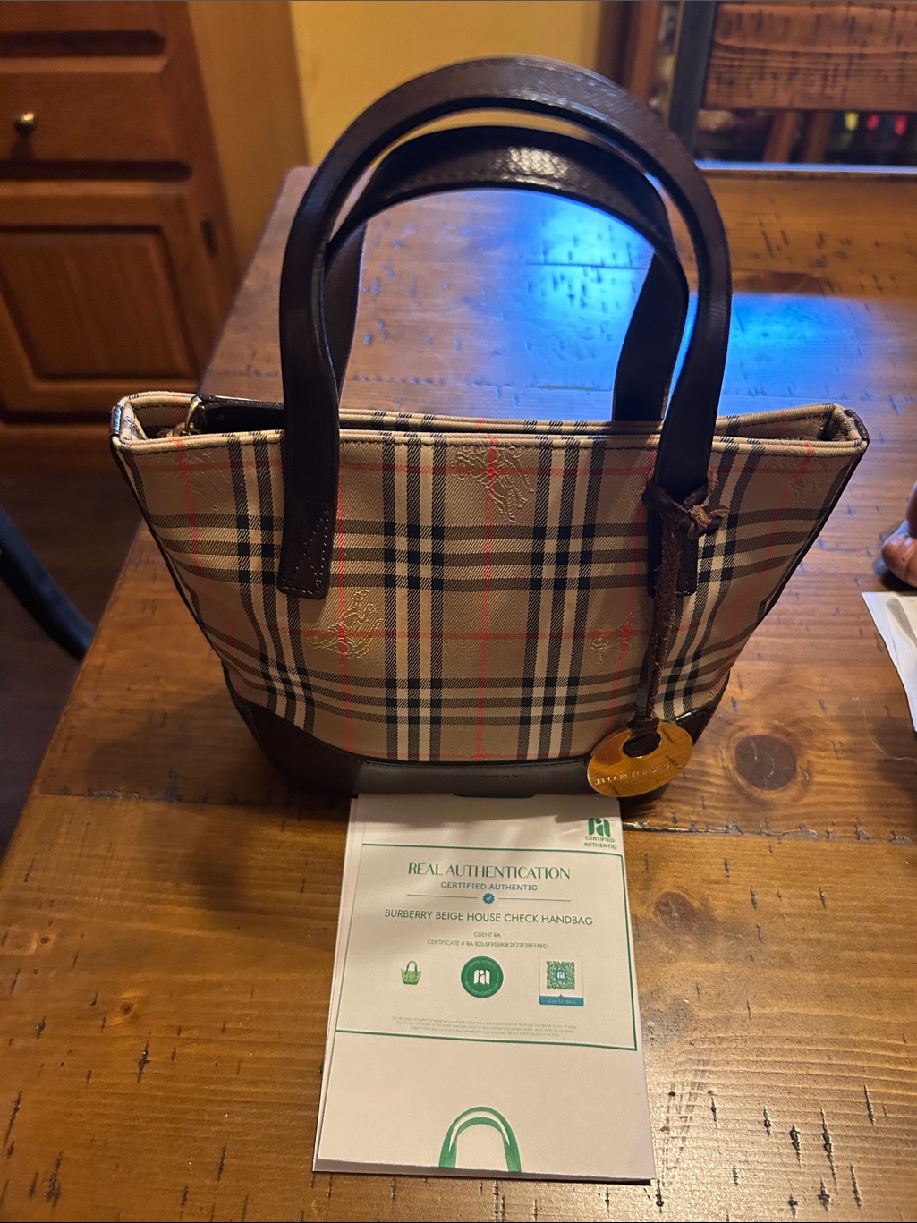 Burberry Mini Plaid Beige Tote With Dark Brown Leather Trim